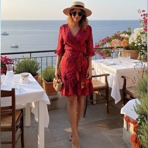 🍓NEW Without Tags Viscose Burgundy/Red Wrap
Ruffle Dress,